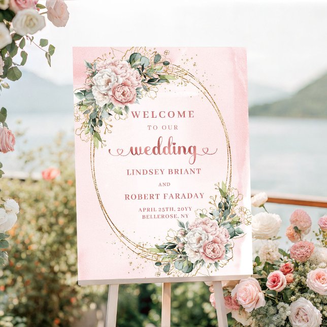 Elegant Rose Gold Dammtrosa Blommig Bröllop Välkom Poster (Elegant Rose Gold Dusty Pink Floral Wedding Welcome

)