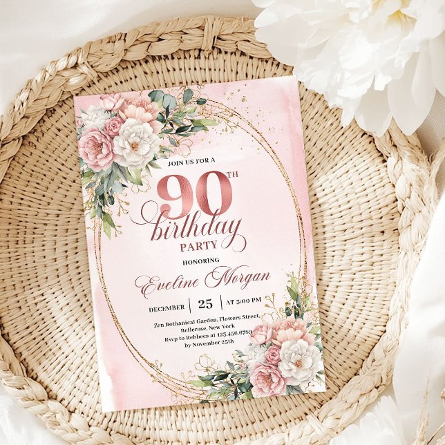 Elegant Rose Gold Eucalyptus 90th Birthday Invite Inbjudningar (Elegant Rose Gold Eucalyptus 90th Birthday Invitation)