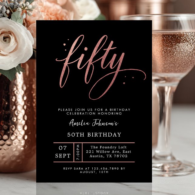 Elegant Rose Gold Fiftieth 50th Birthday Invitatio Inbjudningar (Fifty and flawless ✨ Celebrate your milestone with this chic rose gold birthday invite.)