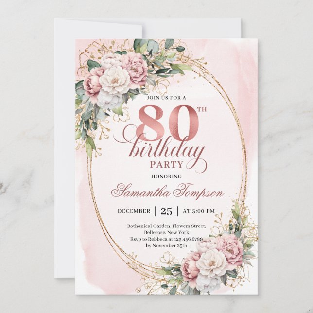 Elegant Rose Gold Floral Eucalyptus 80th Birthday  Inbjudningar (Framsida)