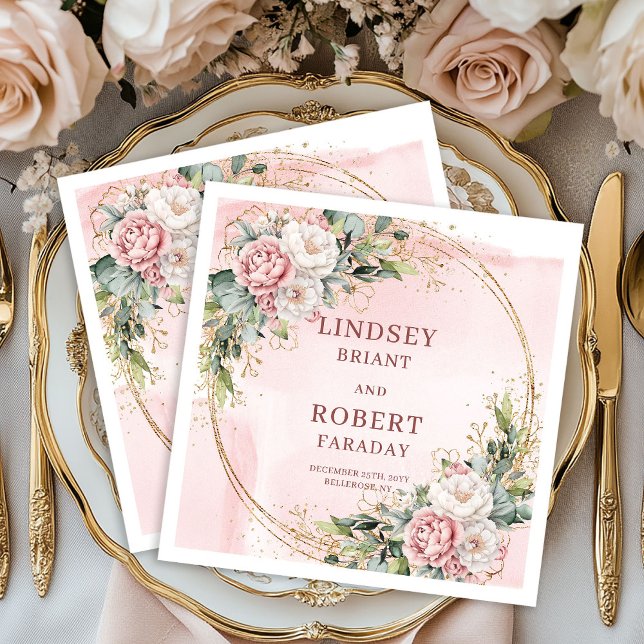 Elegant Rose Gold Floral Eucalyptus Gold Glitter   Pappersservett (Elegant Rose Gold Floral Eucalyptus Gold Glitter Wedding Napkins)