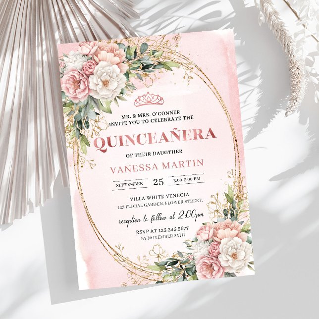 Elegant Rose Gold Floral Eucalyptus Quinceañera  Inbjudningar (Elegant Rose Gold Floral Eucalyptus Quinceañera Invitation

)