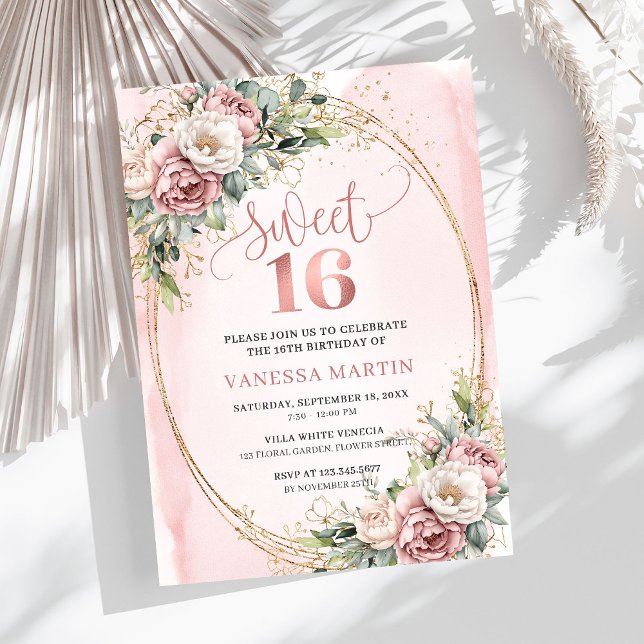 Elegant Rose Gold Floral Eucalyptus Sweet 16 Invit Inbjudningar (Elegant Rose Gold Floral Eucalyptus Sweet 16 Invite)