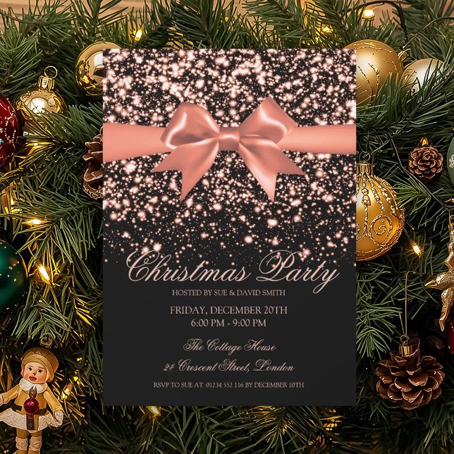 Elegant Rose Gold Glam Red Bow Christmas Party  Inbjudningar (Elegant Rose Gold Glam Red Bow Christmas Party Invitation)