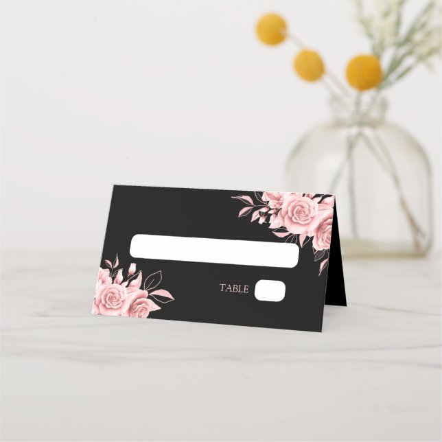 Elegant Rose Gold Glitter Floral Black Placeringskort (Framsida)