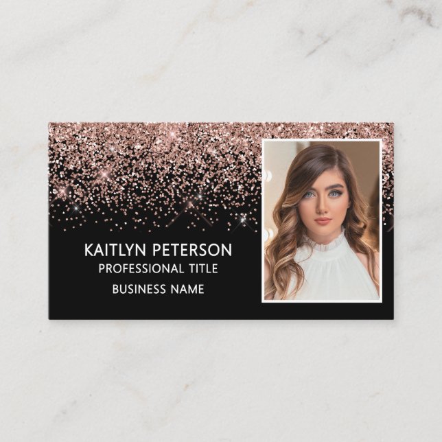 Elegant Rose Gold Glitter Photo QR Code Black Visitkort (Framsida)