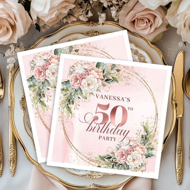 Elegant Rose Gold Greenery 50th Birthday Napkins Pappersservett (Elegant Rose Gold Greenery 50th Birthday Napkins)