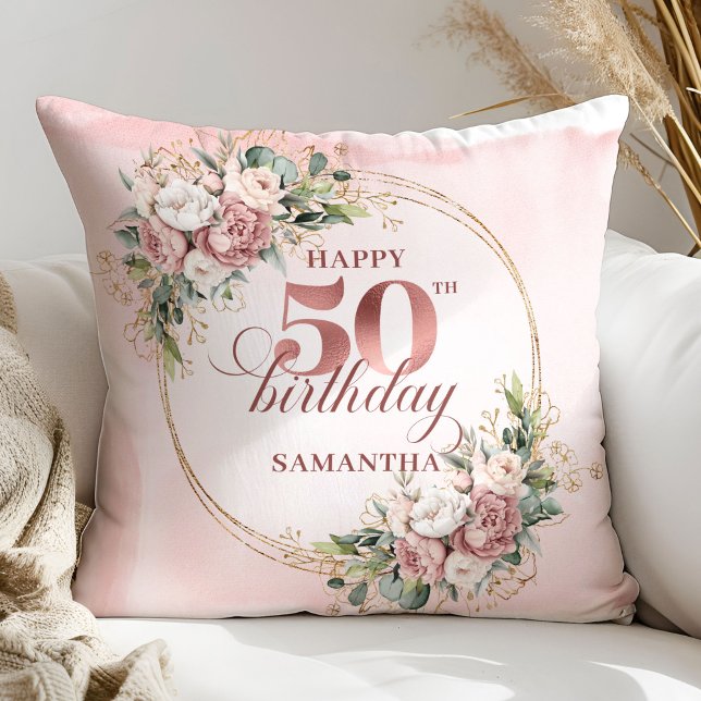 Elegant Rose Gold Greenery 50th Birthday Pillow  Kudde (Elegant Rose Gold Greenery 50th Birthday Pillow Gift)