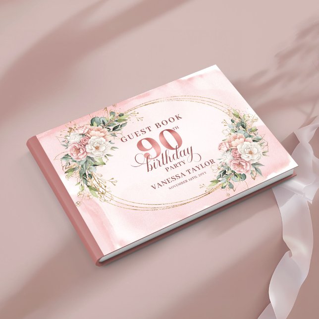 Elegant Rose Gold Greenery Floral 90th Birthday  Gästböcker (Elegant Rose Gold Eucalyptus 90th Birthday Guest Book)