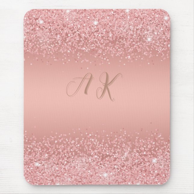Elegant Rose Gold Lyxskimrande Monogram Musmatta (Framsidan)