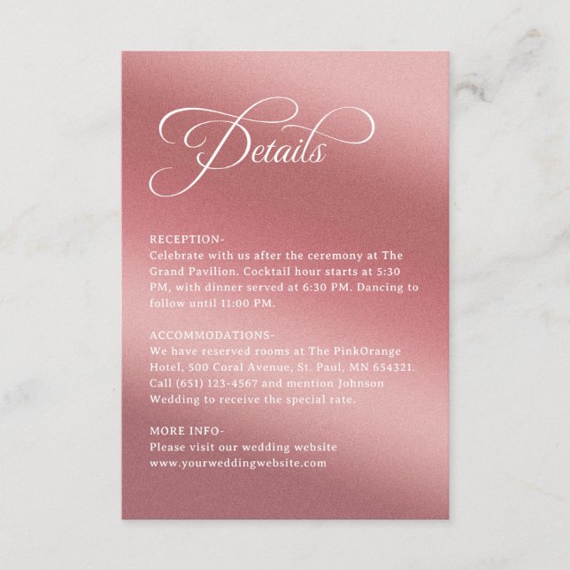 Elegant Rose Gold Modern Wedding Details Tilläggskort (Framsida)