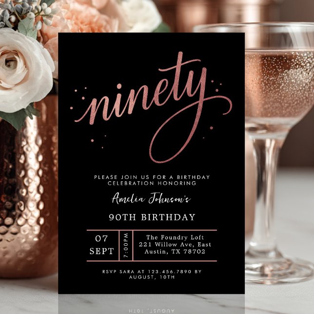 Elegant Rose Gold Ninetieth 90th Birthday Inbjudningar (Ninety and radiant ✨ Celebrate a lifetime of elegance with this rose gold birthday invite.)