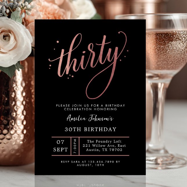 Elegant Rose Gold Thirtieth 30th Birthday Inbjudningar (Thirty and thriving ✨ Celebrate in style with this elegant rose gold birthday invite.)