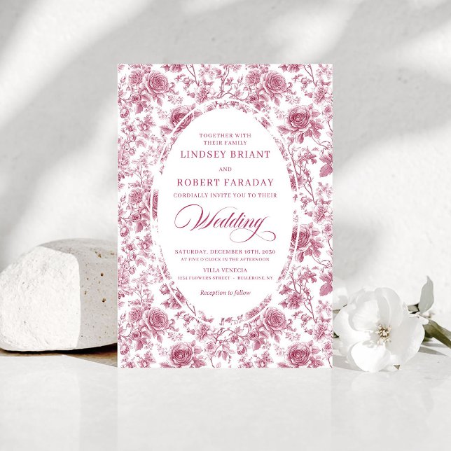 Elegant Rose Gold Toile Rose Pattern Wedding Boho Inbjudningar (Elegant Rose Gold Toile Rose Pattern Wedding Invitation)