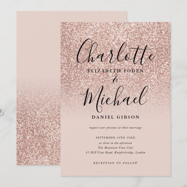 Elegant Rose Guld Glitter Bröllop Inbjudningar (Fram/baksida)