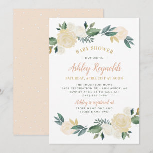 Elegant Rosé Guld Grön Blommig Flick Babykalas Inbjudningar