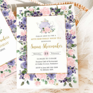 Elegant rosé & lila blomster Tea Party Födelsedag Inbjudningar