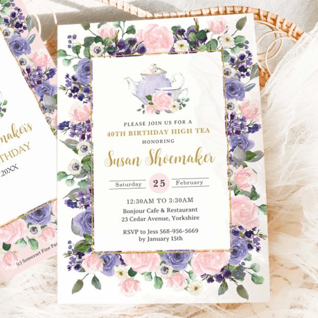 Elegant rosé & lila blomster Tea Party Födelsedag Inbjudningar (elegant purple and blush pink floral birthday high tea party invitation card)