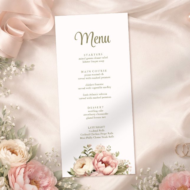 Elegant rosé- och persikafärgad blomsterbröllopsme meny (Elegant Blush & Peach Floral Wedding Menu on a blush silk with pink peonies)