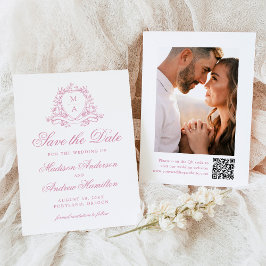 Elegant Rose Quartz Crest Monogram Foto Bröllop Spara Datumet