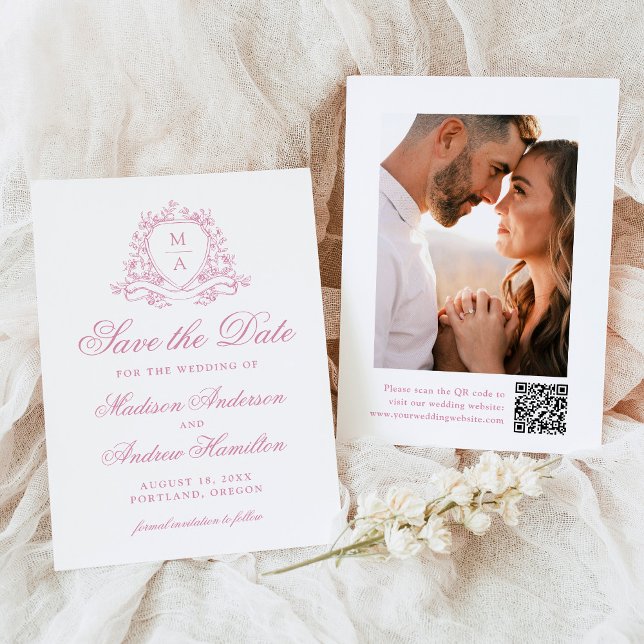Elegant Rose Quartz Crest Monogram Foto Bröllop Spara Datumet (Skapare uppladdad)