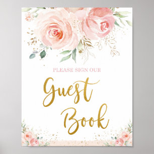Elegant rosé rosa blommig guld blad gästbok poster