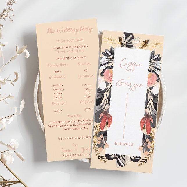 Elegant rosé & svart blomsterbröllopsprogramkort inbjudningar (Elegant Blush & Black Floral Wedding Program Card)