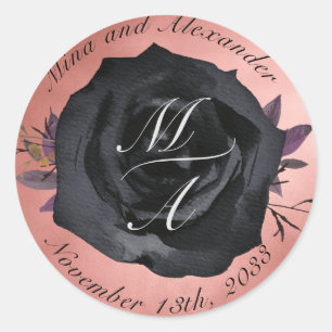 Elegant Rosé Svart Ros Monogram Bröllopsdekal Runt Klistermärke
