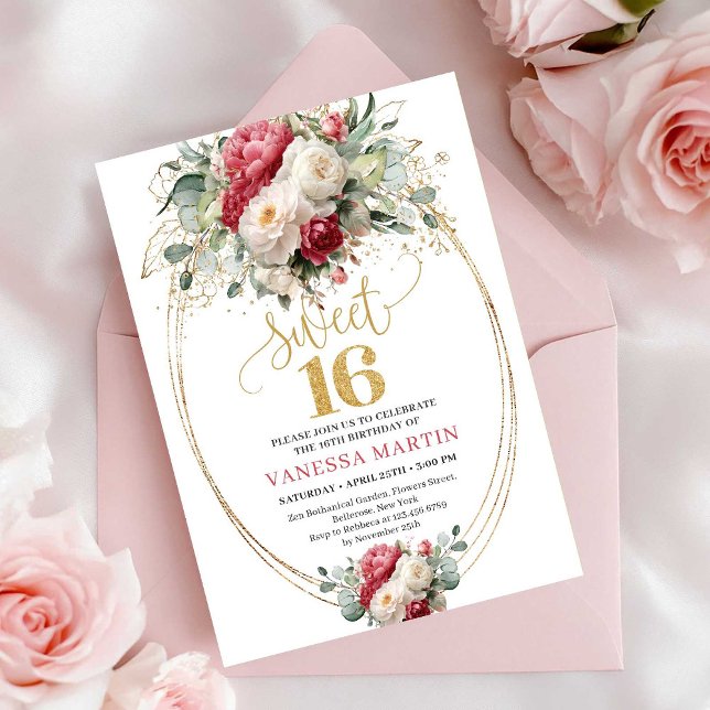 Elegant rosé vit grönska Sweet 16 födelsedag  Inbjudningar (Elegant Blush White Greenery Sweet 16 Birthday Invite)