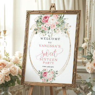 Elegant roséblommig guld boho sweet sixteen välkom poster
