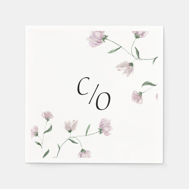 Elegant roséblommig monogram bröllopsservett i pap pappersservett (Framsidan)