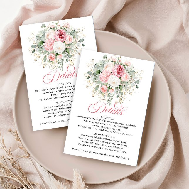 Elegant roségula bröllopsdetaljkort i guld tilläggskort (Graceful Blush Roses Gold Wedding Details Card)
