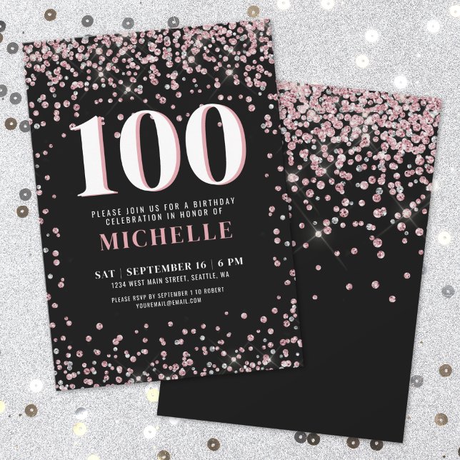 Elegant Roséguld 100-årsdag Inbjudningar (Elegant Rose Gold 100th Birthday Invitation )