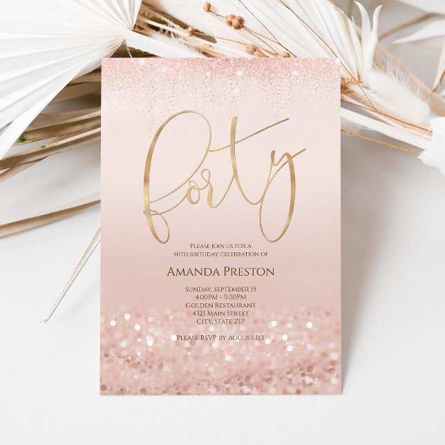 Elegant roséguld 40-års födelsedagsinbjudan till h inbjudningar (Elegant Rose Gold 40th Birthday Invitation)