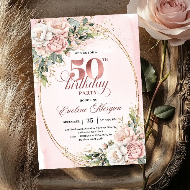 Elegant roséguld blommig 50-års födelsedagsinbjuda inbjudningar (Graceful Rose Gold Floral 50th Birthday Invite)