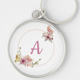 Elegant roséguld blommig fjäril – Anpassat namn Rund Silverfärgad Nyckelring