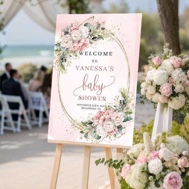Elegant roséguld blommig välkomstskylt för baby sh poster (Elegant Rose Gold Floral Baby Shower Welcome Sign)