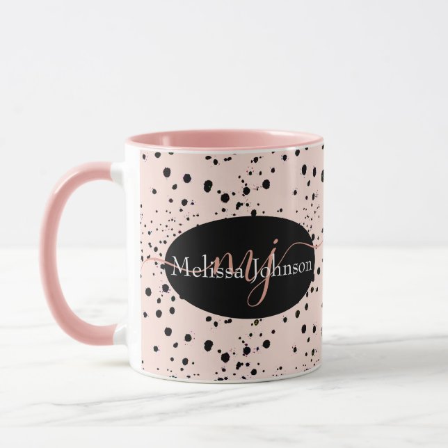 Elegant roséguld bokstavsformgivning på svart mugg (Vänster)