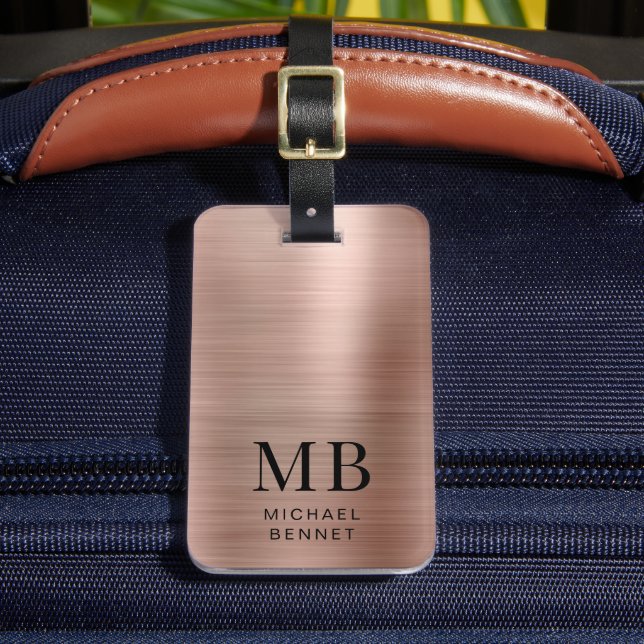 Elegant roséguld borstad metall monogram bagagebricka (Framsida Insitu 2)