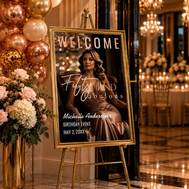 Elegant roséguld Fifty and Fabulous Poster (Rose gold welcome poster framed beautifully for a glamorous Fifty & Fabulous celebration.)