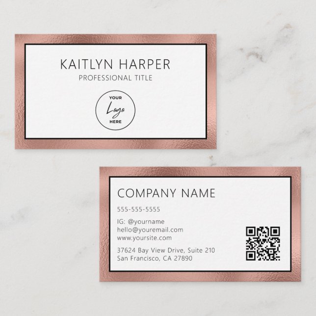 Elegant roséguld folierad logotyp QR-kod Visitkort (Fram/baksida)