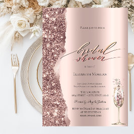 Elegant roséguld glitter champagne i script inbjudningar
