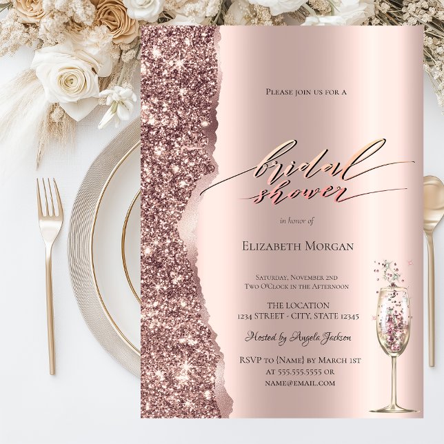 Elegant roséguld glitter champagne skrift inbjudningar (Skapare uppladdad)