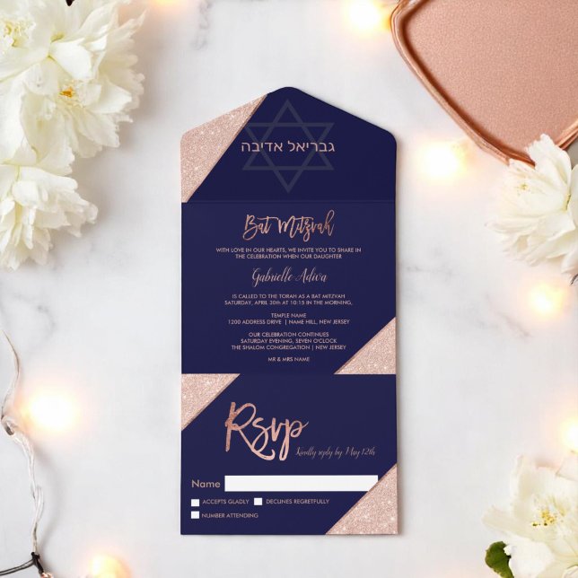 Elegant roséguld glitter marinblå Bat Mitzvah (Elegant Rose gold glitter navy blue Bat Mitzvah All In One Invitation)