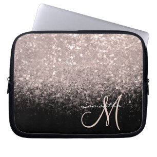 Elegant roséguld glitter och svart monogram laptop fodral