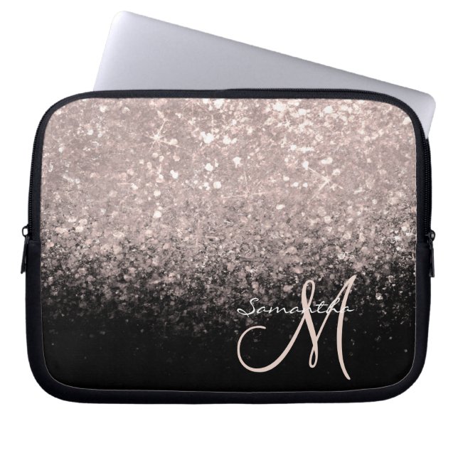 Elegant roséguld glitter och svart monogram laptop fodral (Framsidan)