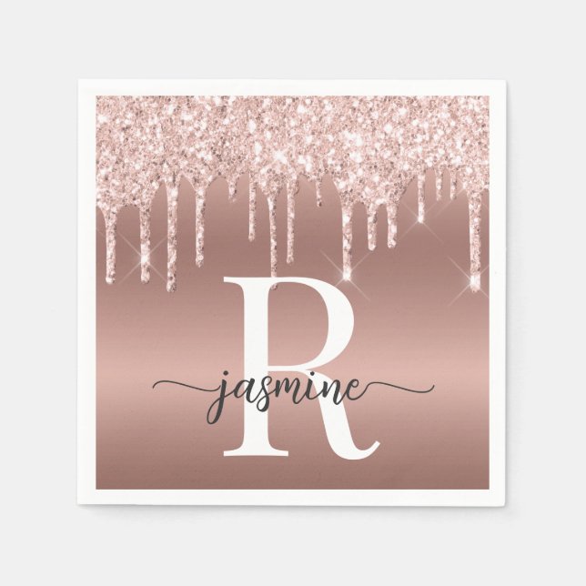 Elegant roséguld glitterdropp metallmonogram pappersservett (Framsidan)