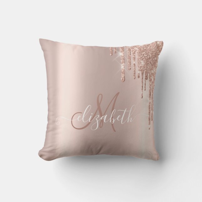 Elegant roséguld glitterdropp monogram kudde (Framsida)