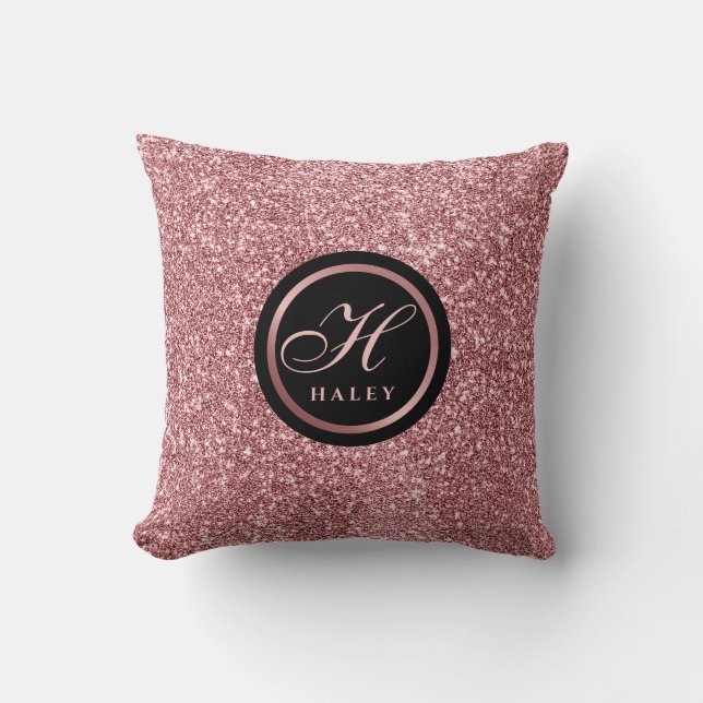 Elegant roséguld glittereffekt monogram initial kudde (Framsida)