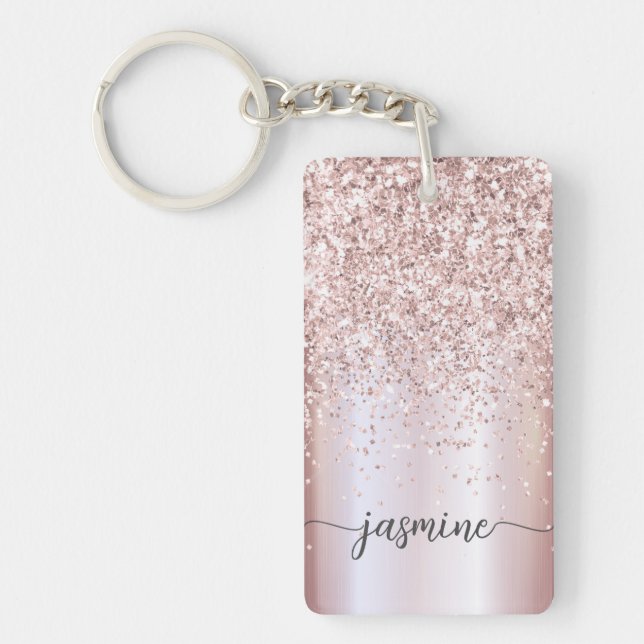 Elegant roséguld glittermonogram namn skrift nyckelring (Framsidan)